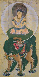 El Bodhisattva Manjushri montando un león que exhala vapor, ilustración después de un kakemono del siglo XI del templo de Kozan-Ji en Yamashiro, publicado en la revista The Kokka, mayo de 1904 de Kose no Hirotaka